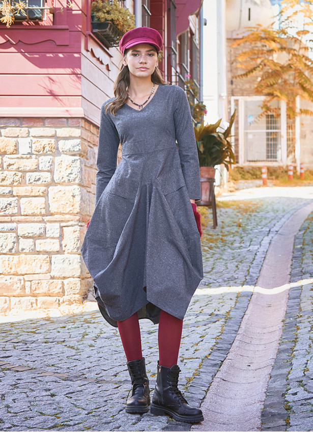 Boho Big Pockets Tie Waist V Neckline Gray Dress